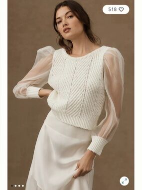 Maeve Anthropologie Twofer Cable Knit Sweater Vest Mesh Puff Sleeves Medium